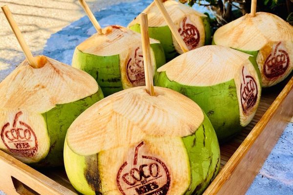 Fresh coconut with straw from coco vibes in turks and caicos